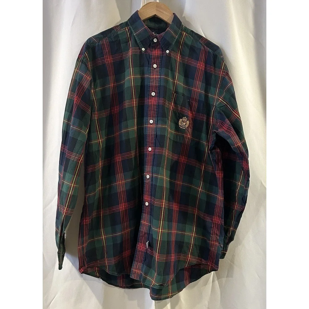 Polo Ralph Lauren‎ Plaid Shirt Mens L Vintage Green Langston Cotton Tartan Cabin